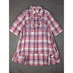Kyla Seo Dress Embroidered Floral Plaid Red Blue Size Large Roll Tab Button Back